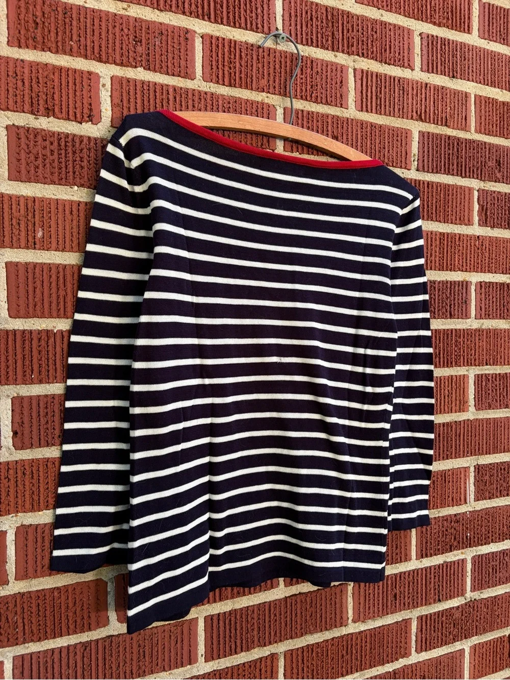 Ralph Lauren Navy and White Striped Boatneck Sweater with Red Trim